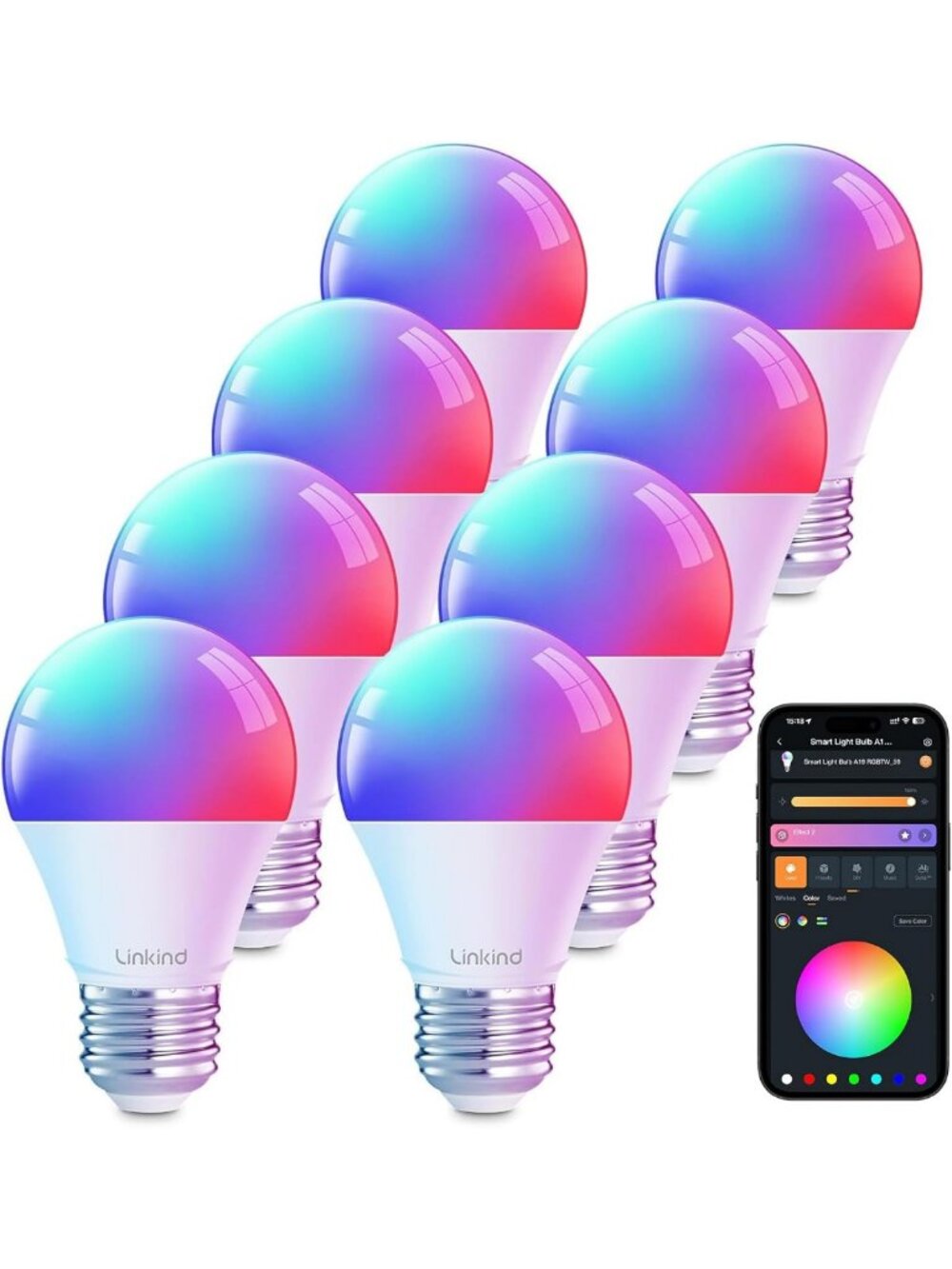 Smart WiFi Color Changing Light Bulbs, Dimmable Mood Lighting, 16M RGB, 8 Pack